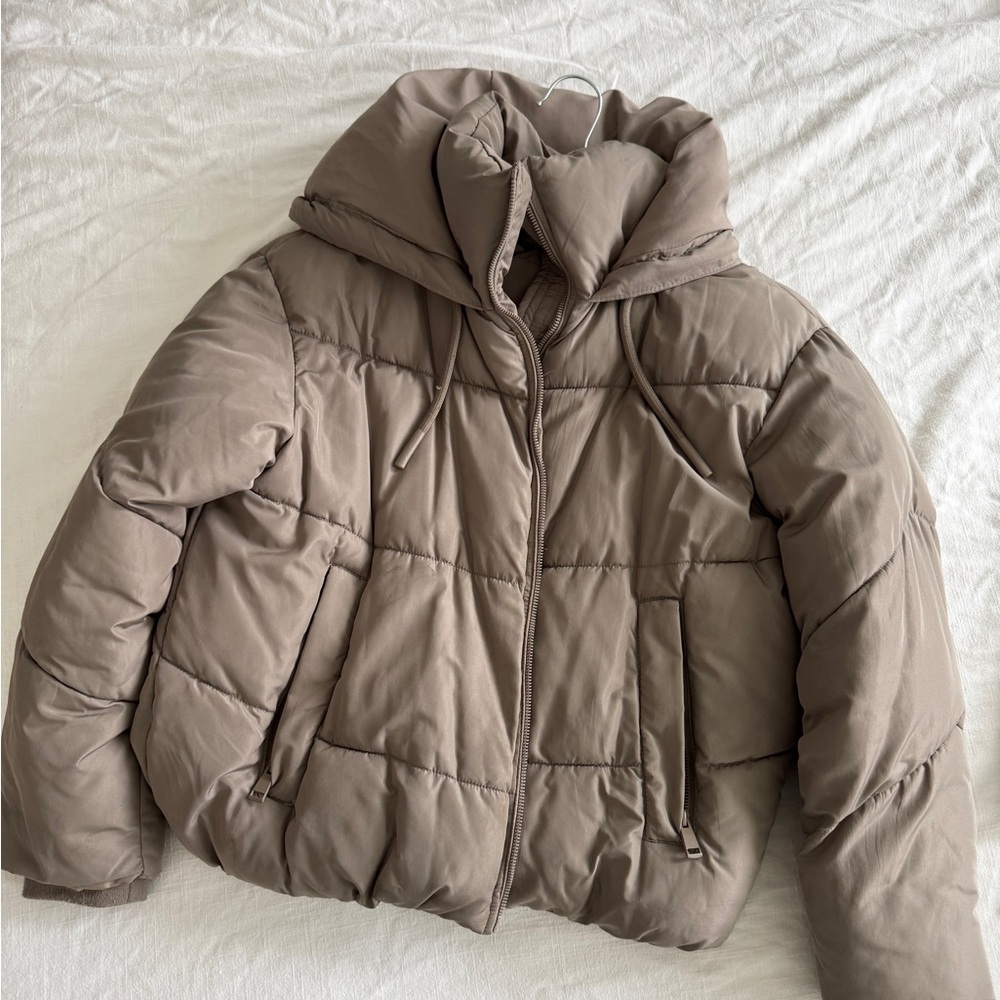 Zara Tan Quilted Puffer Coat with Hood
